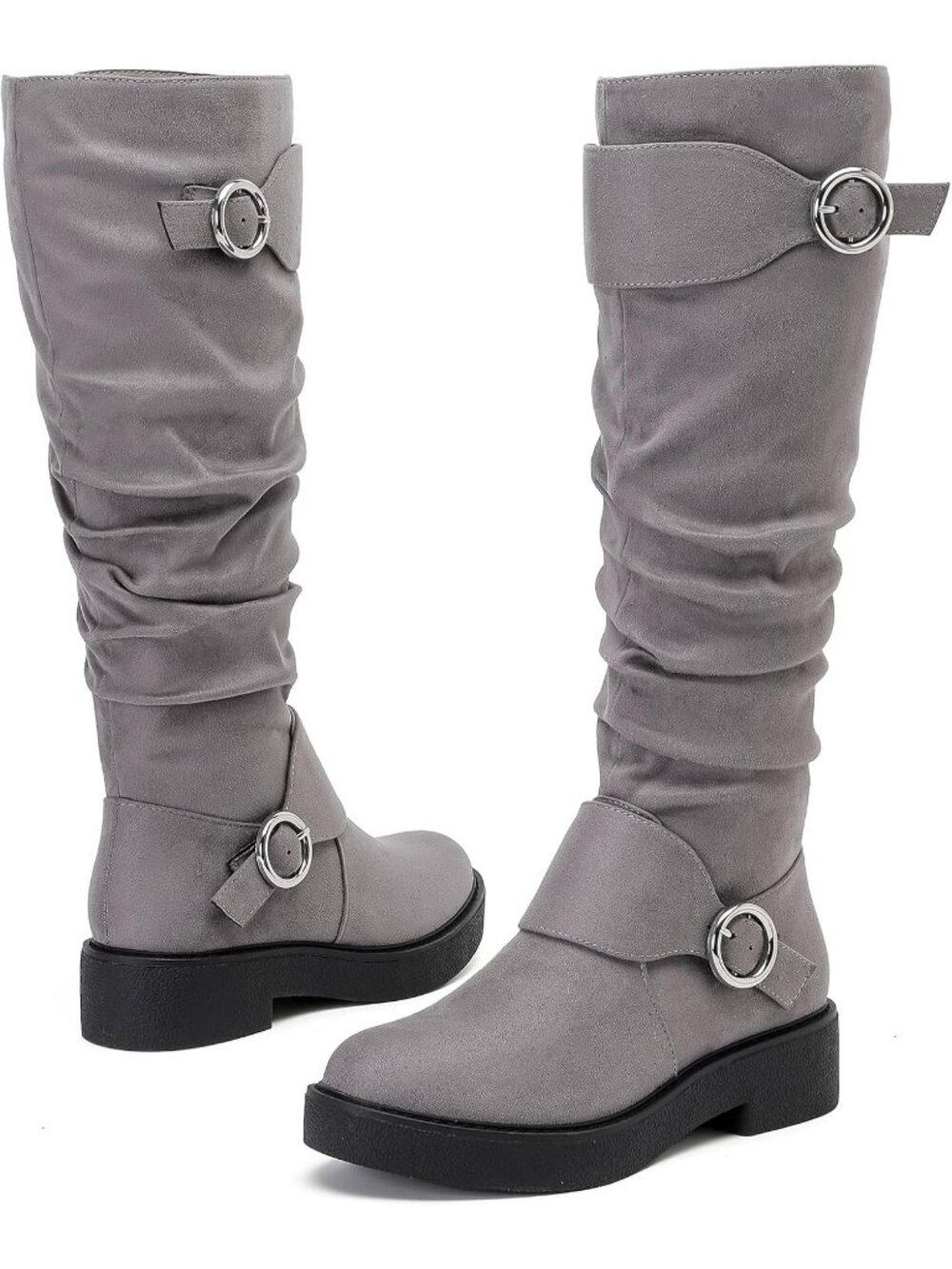 Women's Grey  Leather Rubber Slouchy Knee High Comfortable Stylish Tall Boots - Picture 2 of 6